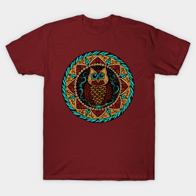 Owl Magic Mandala Turquoise Red and Gold T-Shirt by Heartsake